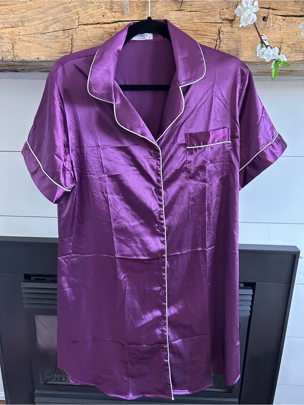 Women's Purple Satin Short-Sleeve Nightshirt with White Piping